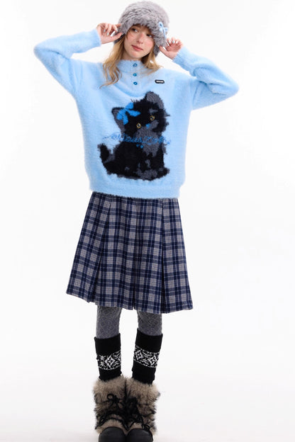 Blauer Katzendruck-Pullover