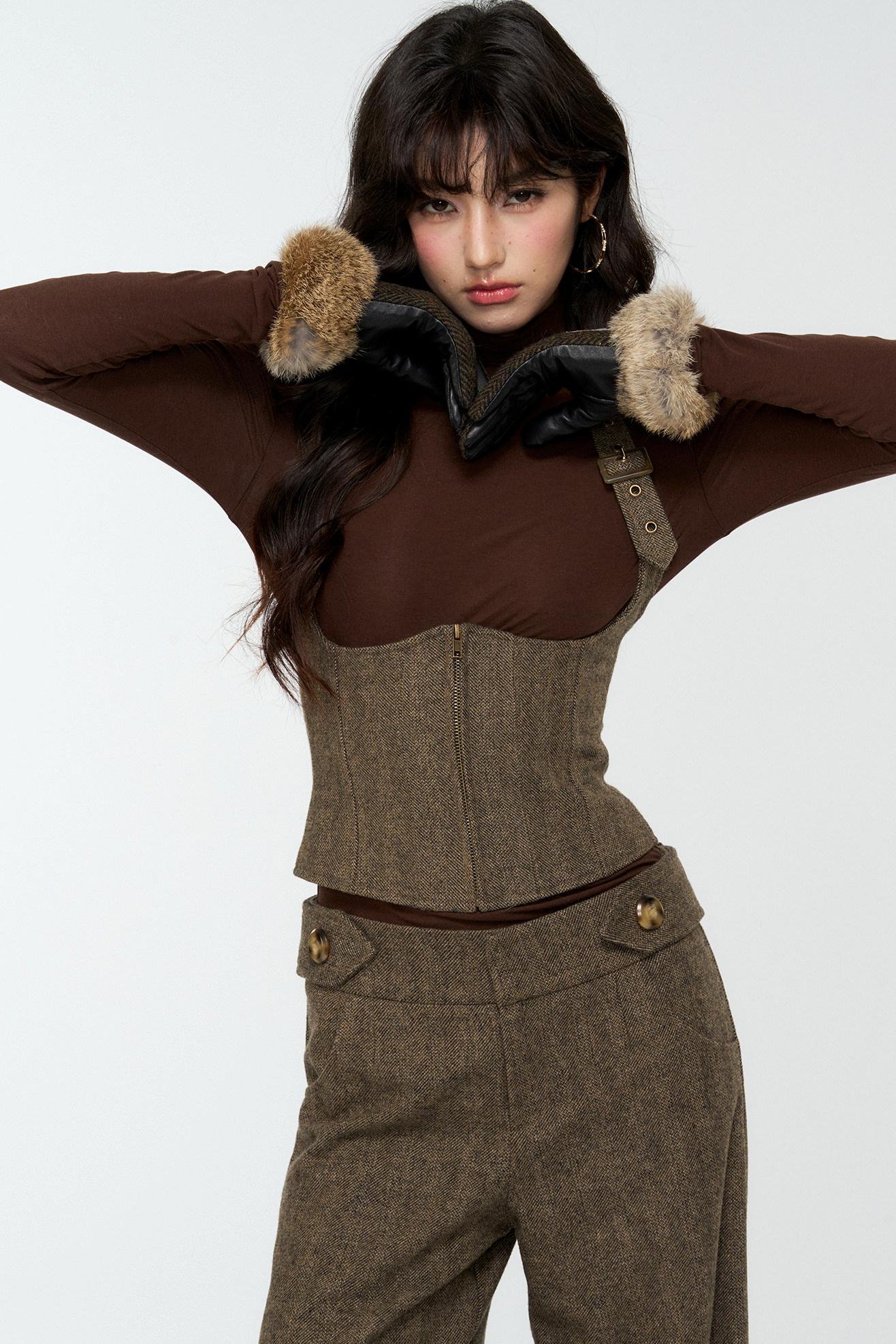 Elegant Woolen Tweed Vest Pants Set-Up