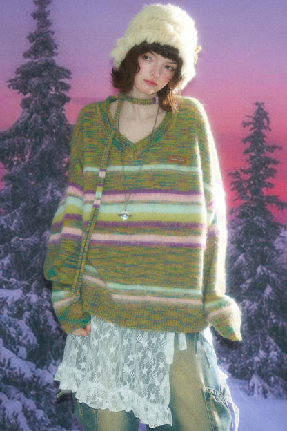 Autumn Winter Color-Blocking Striped V-Neck Sweater