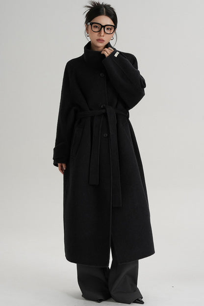 Temperament Diagonal Buckle Wool Coat