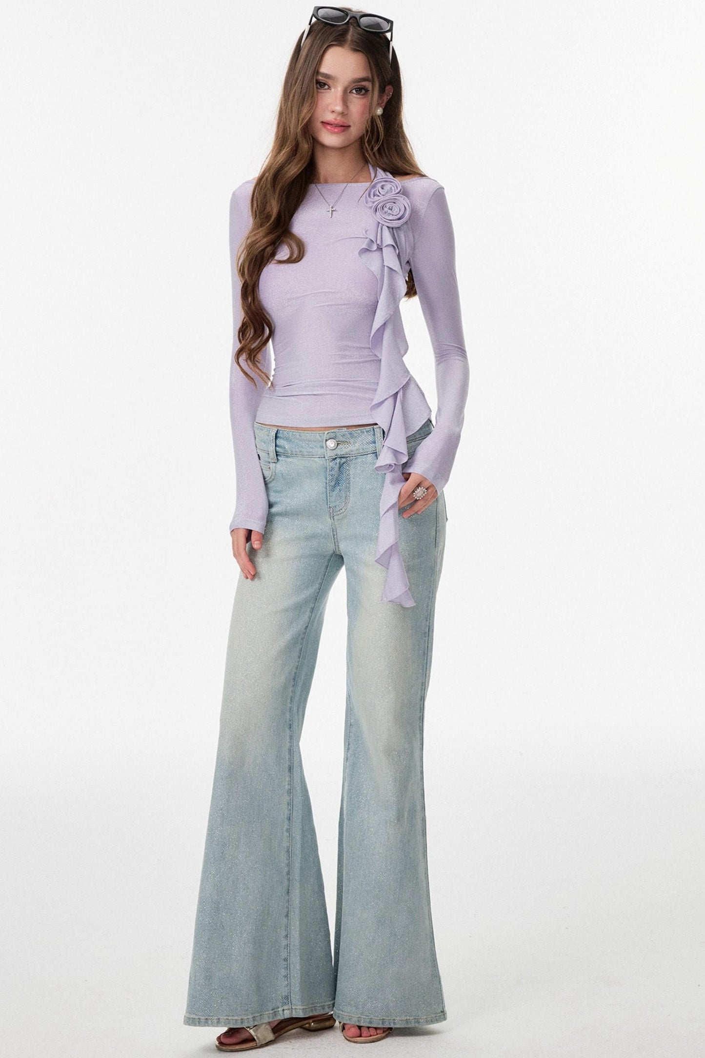 Entanglement Mesh Flower Pleated Off-the-Shoulder T-Shirt