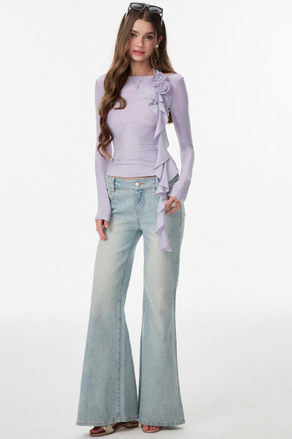 Entanglement Mesh Flower Pleated Off-the-Shoulder T-Shirt