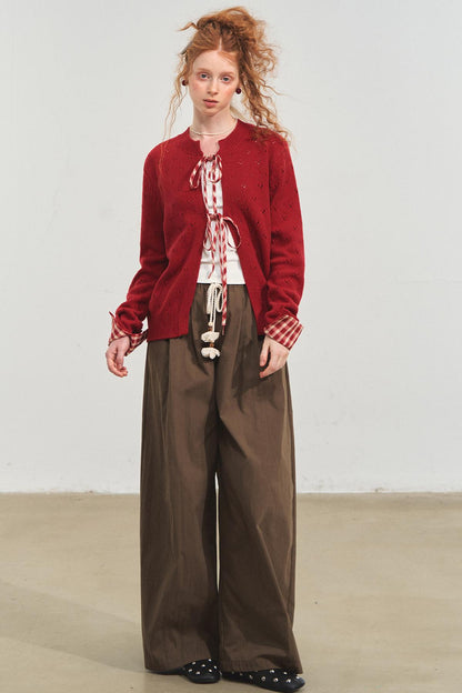 Vintage Plaid Lace-Up Cardigan