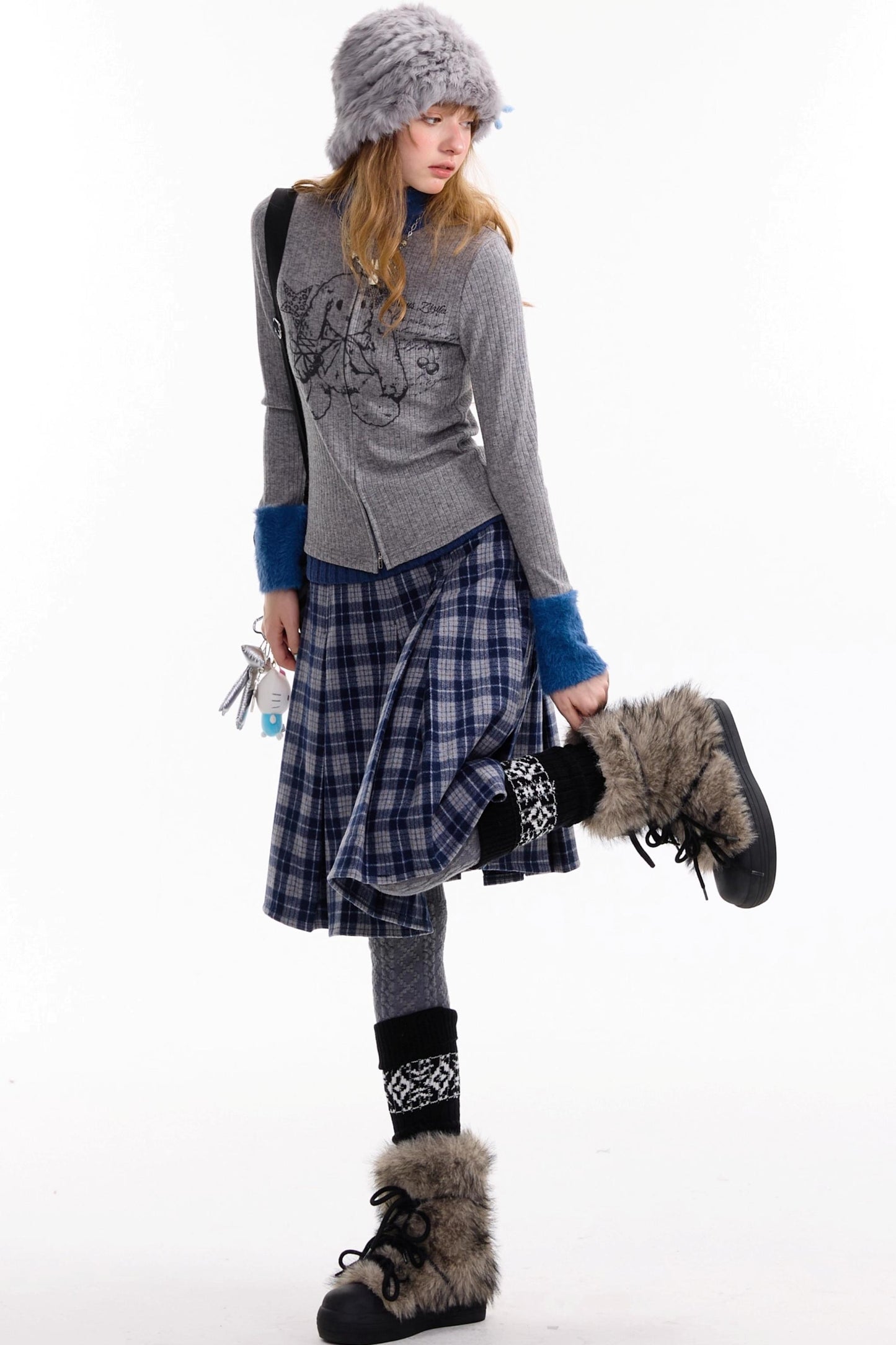 Fur Collar Zipper Rabbit Print Turtleneck Knitted Top