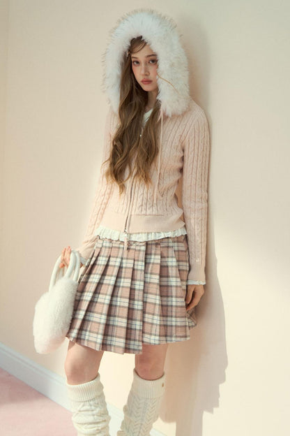 Milk Powder Fur Collar Knit Jacket