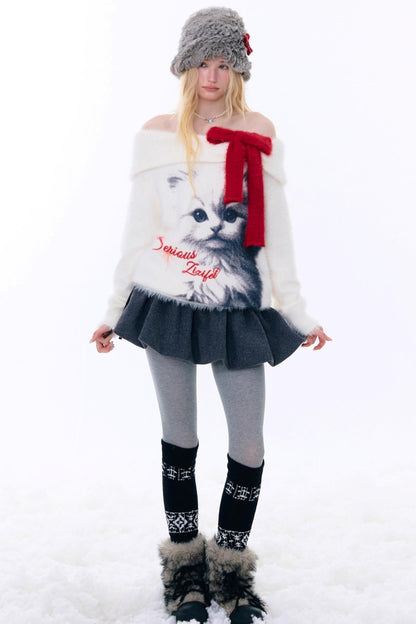 Cat Print Off-Shoulder Sweater