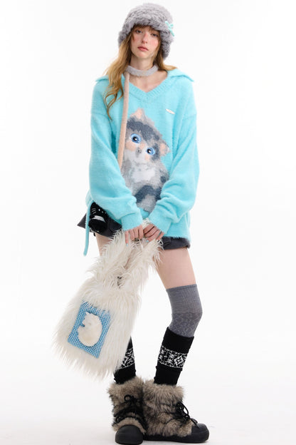 Cat Print V-Neck Polo Light Blue Sweater