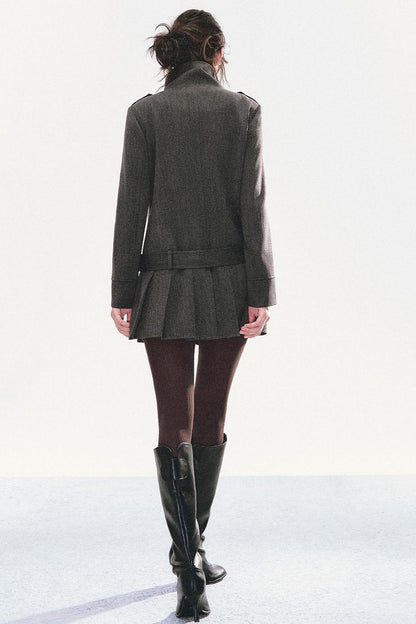 Stand Collar Pleated Coat Dress