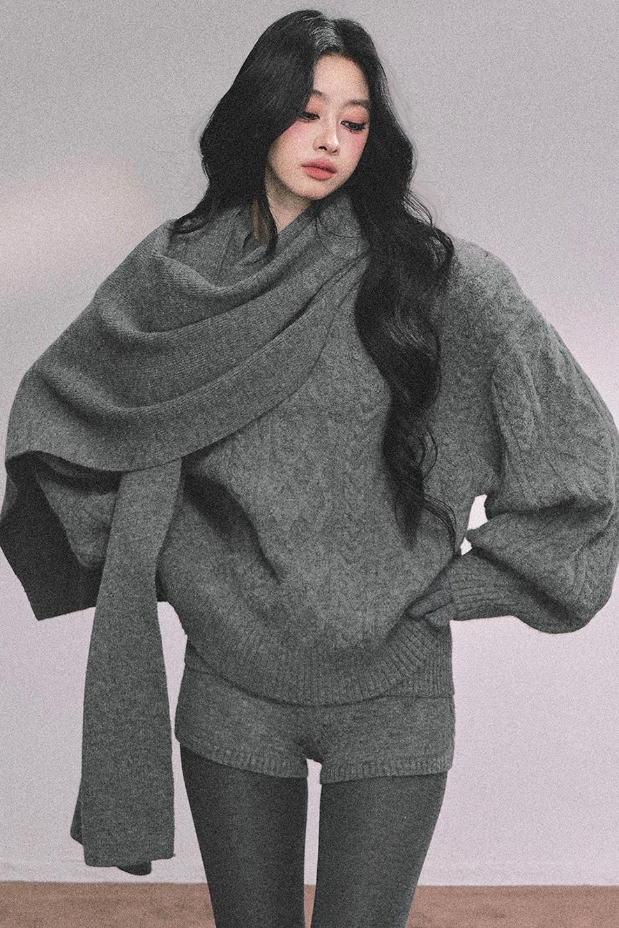 Winter Knitted Scarf Sweater Shorts Set-Up