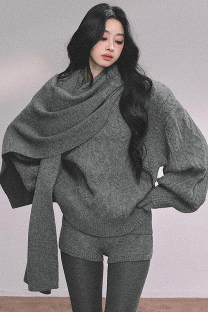 Winter Knitted Scarf Sweater Shorts Set-Up