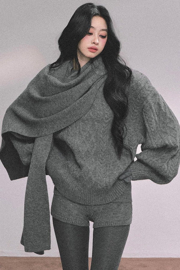 Winter Knitted Scarf Sweater Shorts Set-Up