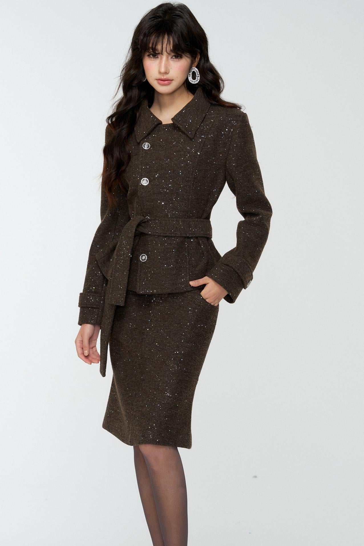 Dark Brown Tweed Jacket And Skirt Set-Up