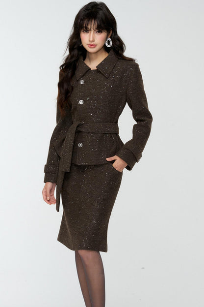 Dark Brown Tweed Jacket And Skirt Set-Up