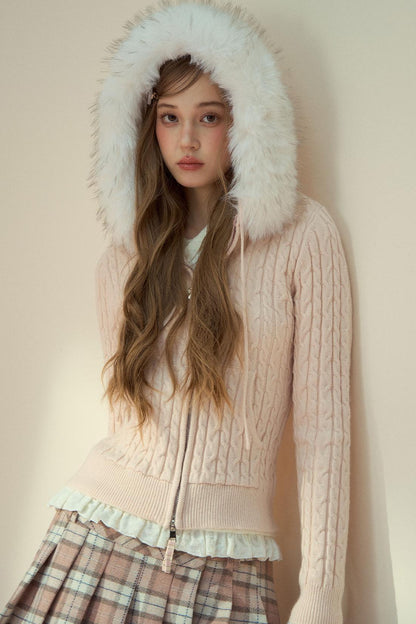 Milk Powder Fur Collar Knit Jacket