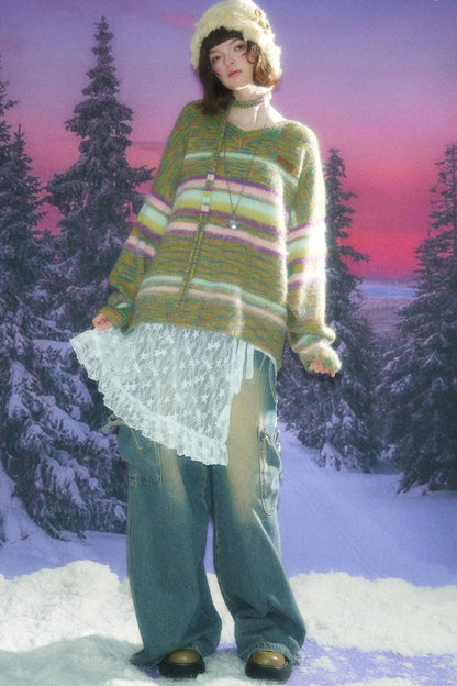 Autumn Winter Color-Blocking Striped V-Neck Sweater