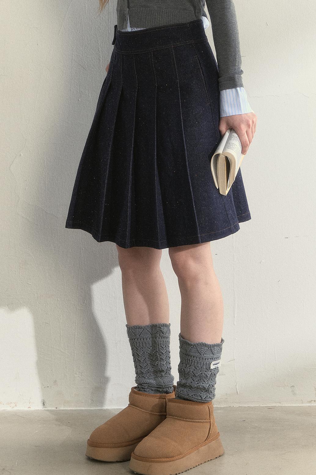 Vintage Dot Denim Pleated Jacket Skirt Set-Up