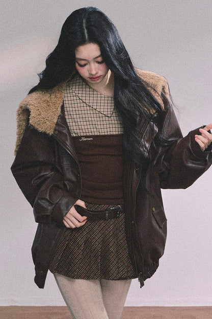 Knitted Long-Sleeved Plaid Top