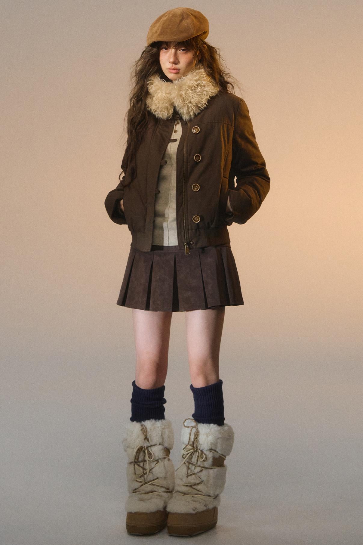 Somesowe Lace Spliced Velvet Pleated Leather Skirt