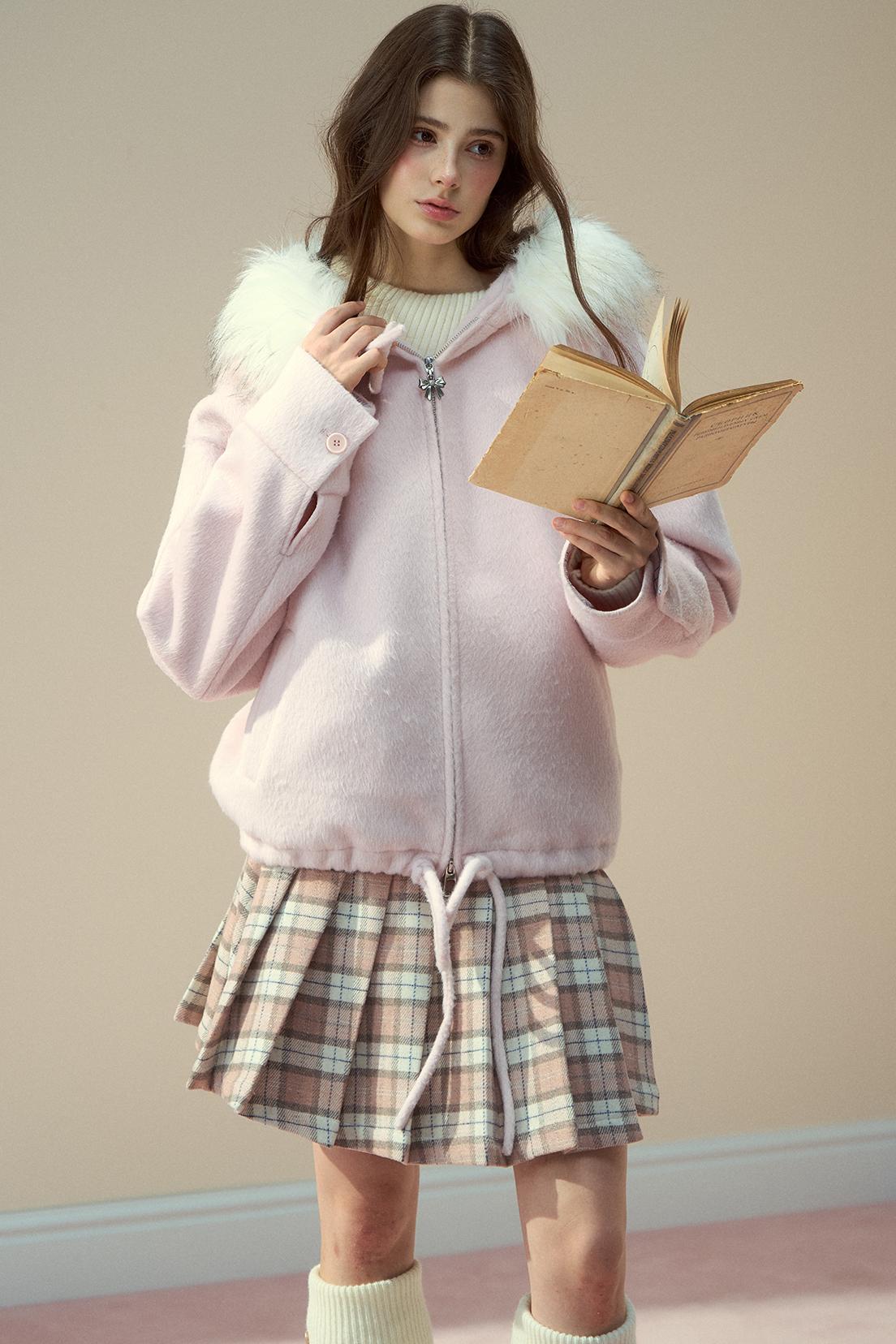 Gray Pink Wool Fur Collar Jacket