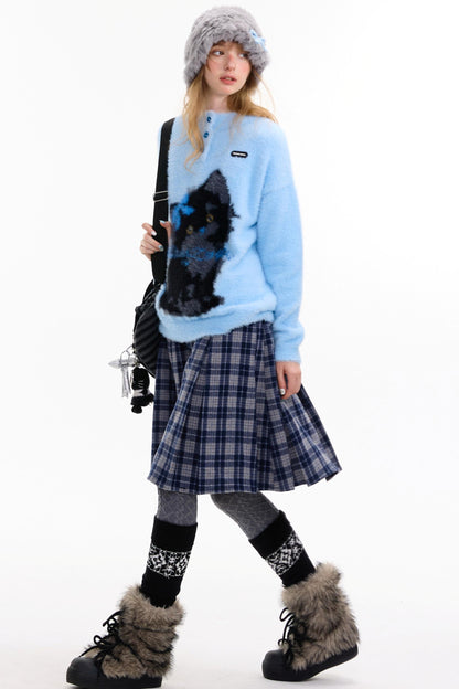 Blauer Katzendruck-Pullover