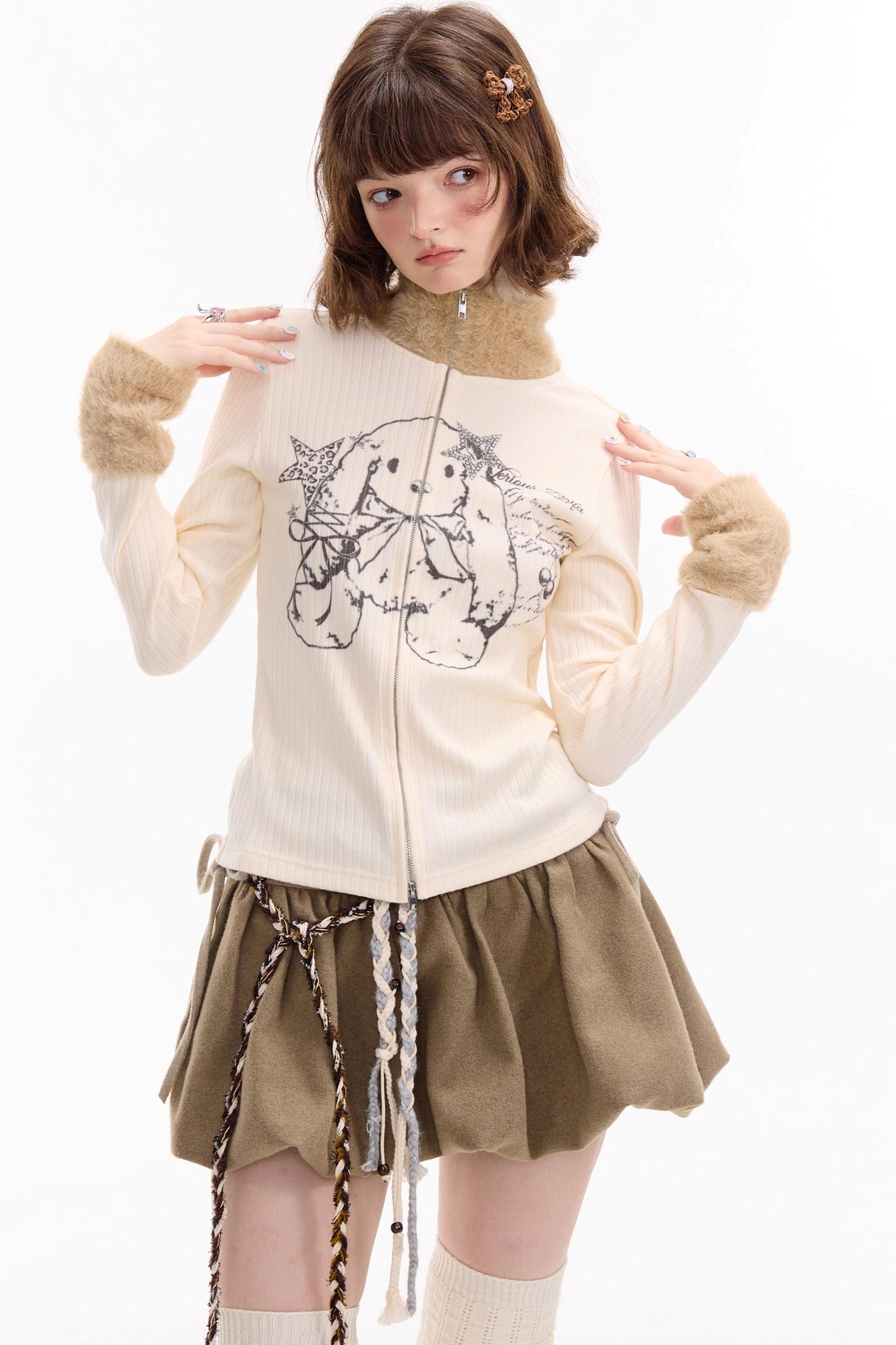 Fur Collar Zipper Rabbit Print Turtleneck Knitted Top