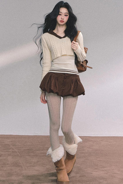 Navy Knitted Sweater Womens Top Set