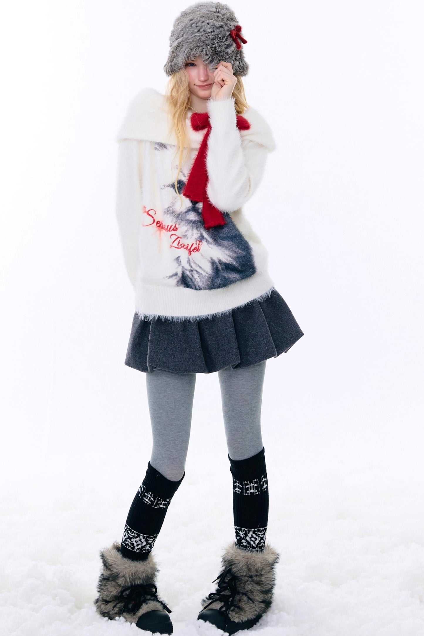 Cat Print Off-Shoulder Sweater