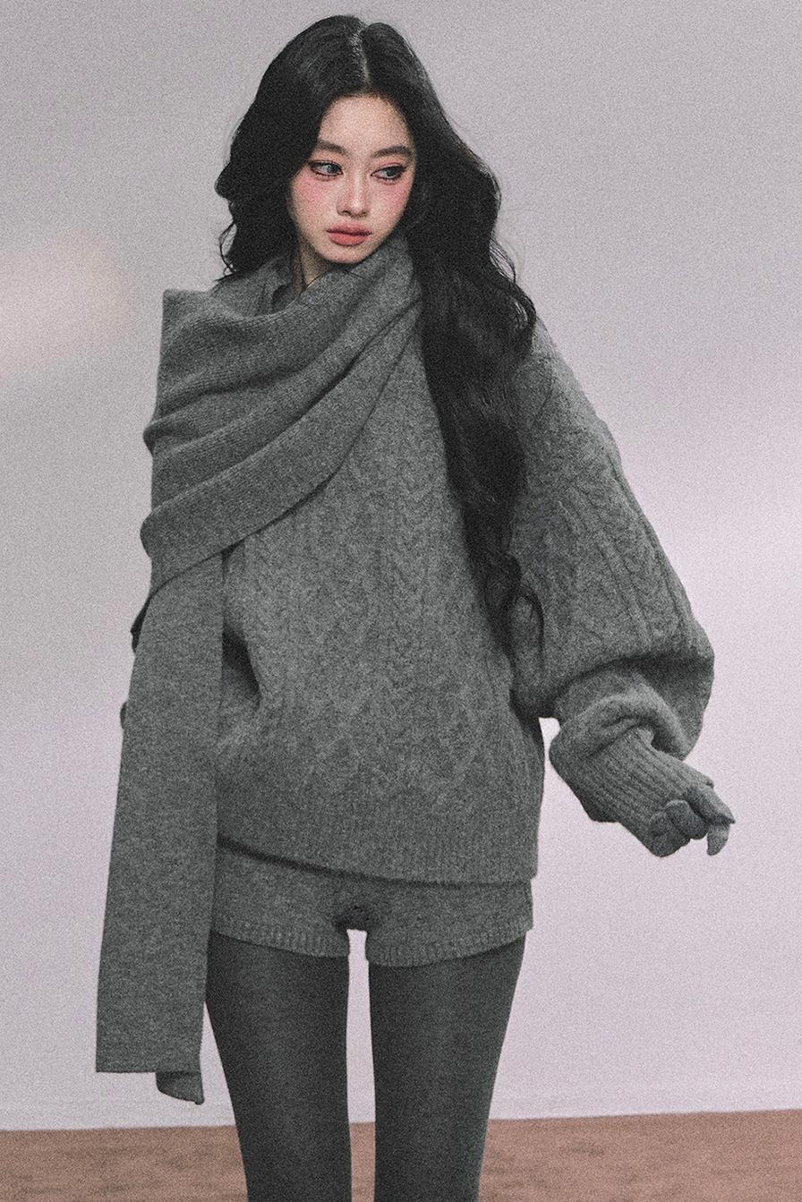 Winter Knitted Scarf Sweater Shorts Set-Up