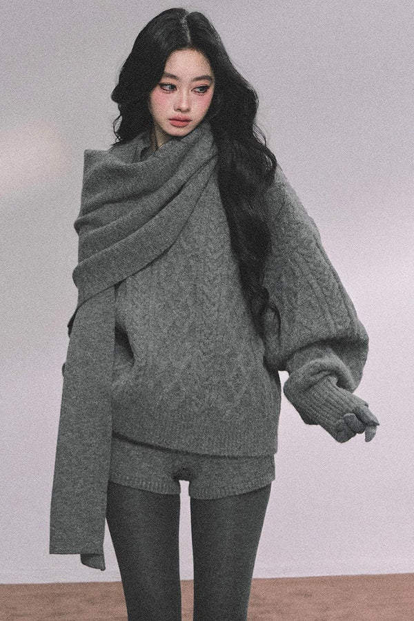 Winter Knitted Scarf Sweater Shorts Set-Up