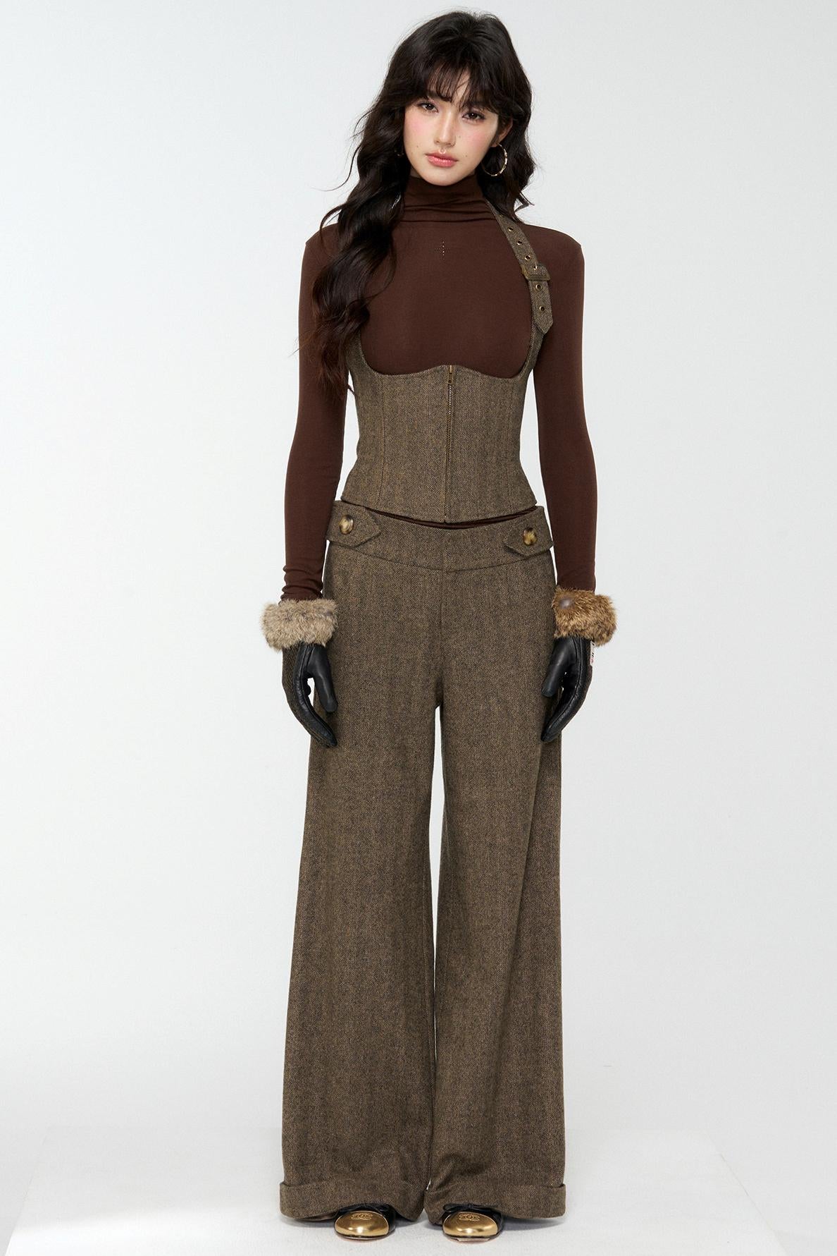 Elegant Woolen Tweed Vest Pants Set-Up
