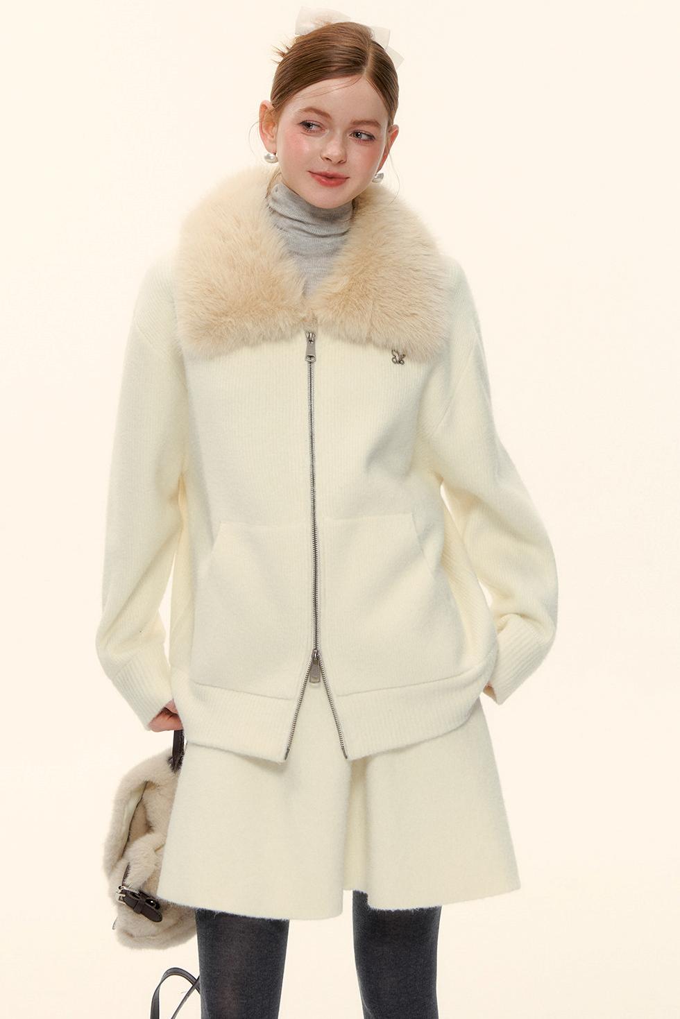 Wool Fur Collar Knit Jacket Set-Up