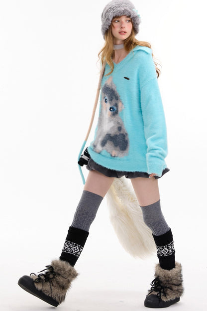 Cat Print V-Neck Polo Light Blue Sweater