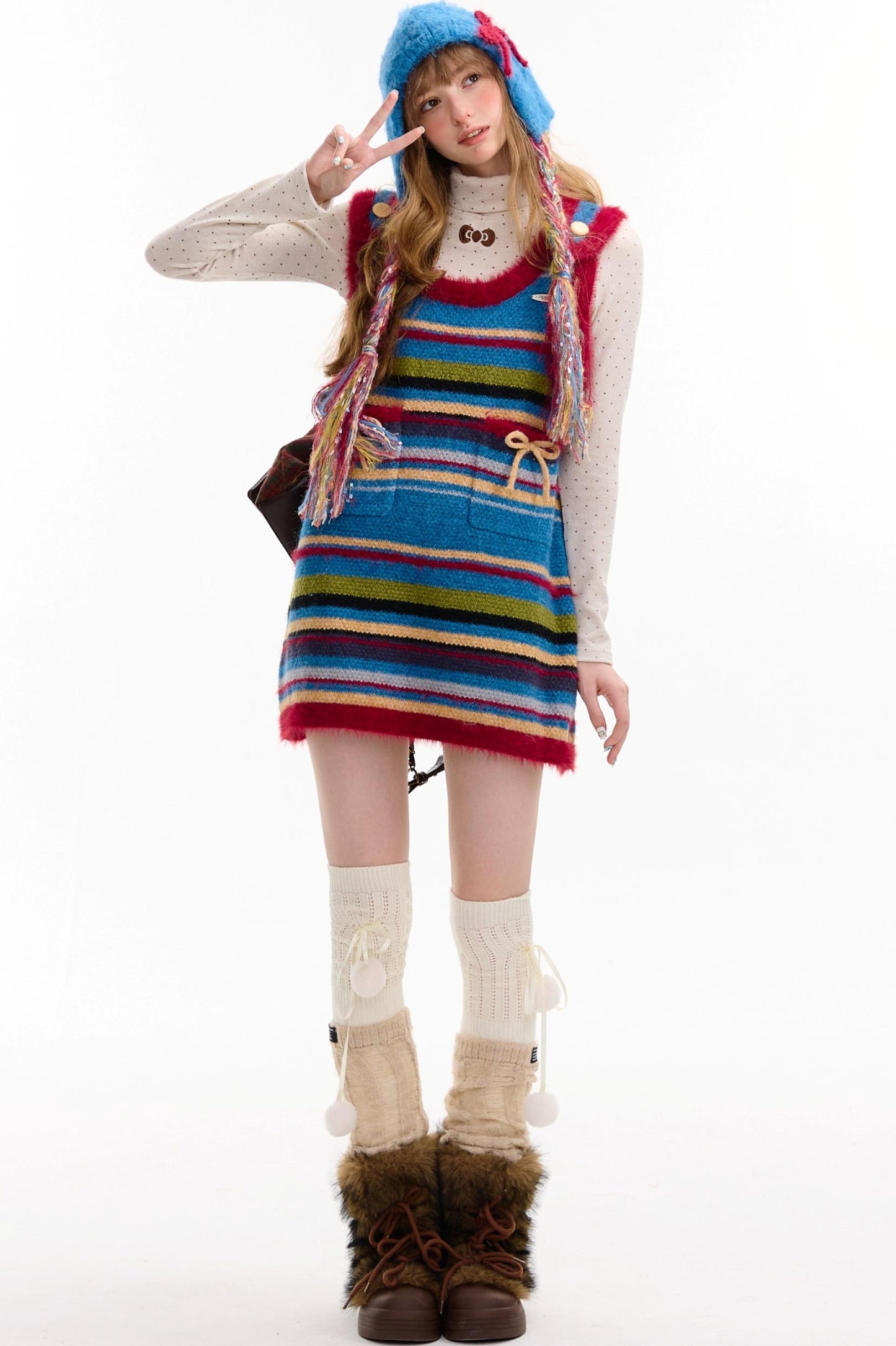 American Retro Striped Bow Knitted Vest Dress