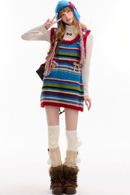 American Retro Striped Bow Knitted Vest Dress