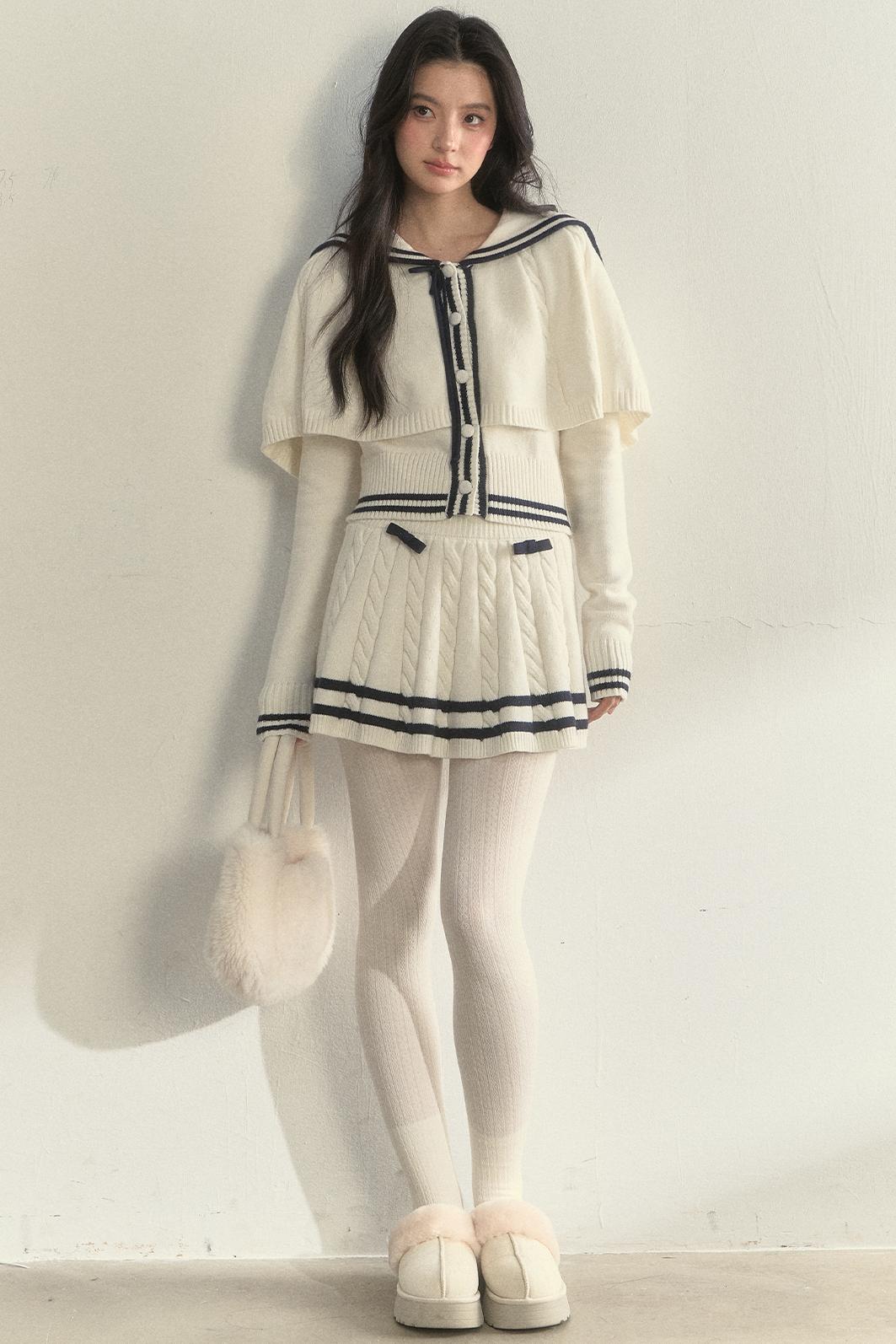 Vintage Navy Twist-Knit Cape Sweater Skirt Set-Up