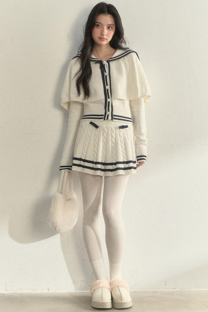 Vintage Navy Twist-Knit Cape Sweater Skirt Set-Up
