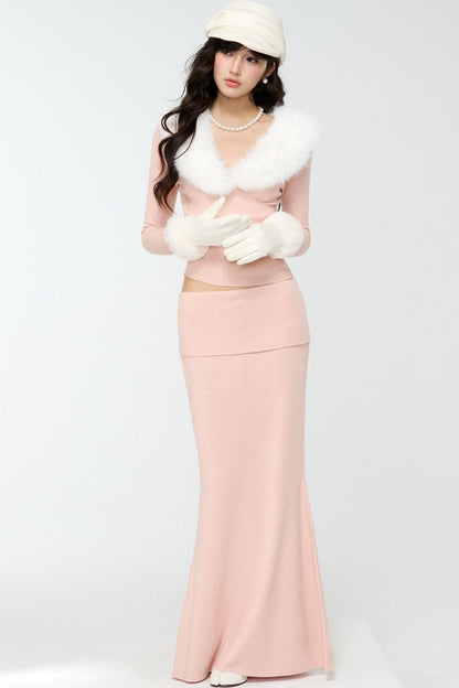 Pink Fur Collar Sweater With Fur Collar Set-Up
