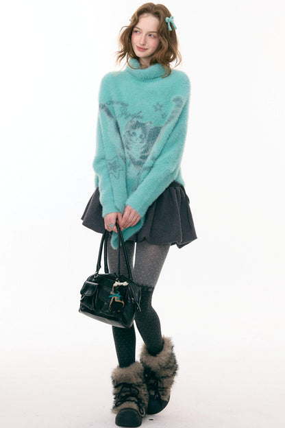 Star Painting Cat Turtleneck Sweater