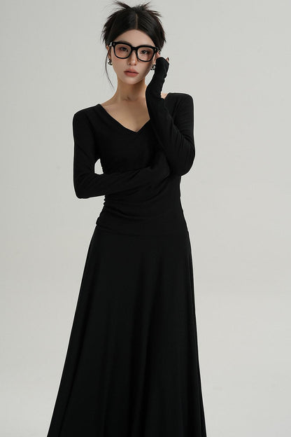 브이넥 블랙 롱 드레스 