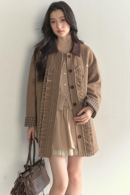 Vintage Khaki Houndstooth Wool Coat