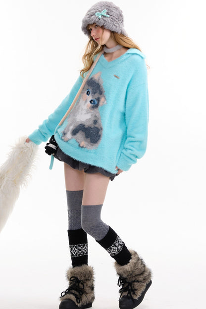 Cat Print V-Neck Polo Light Blue Sweater