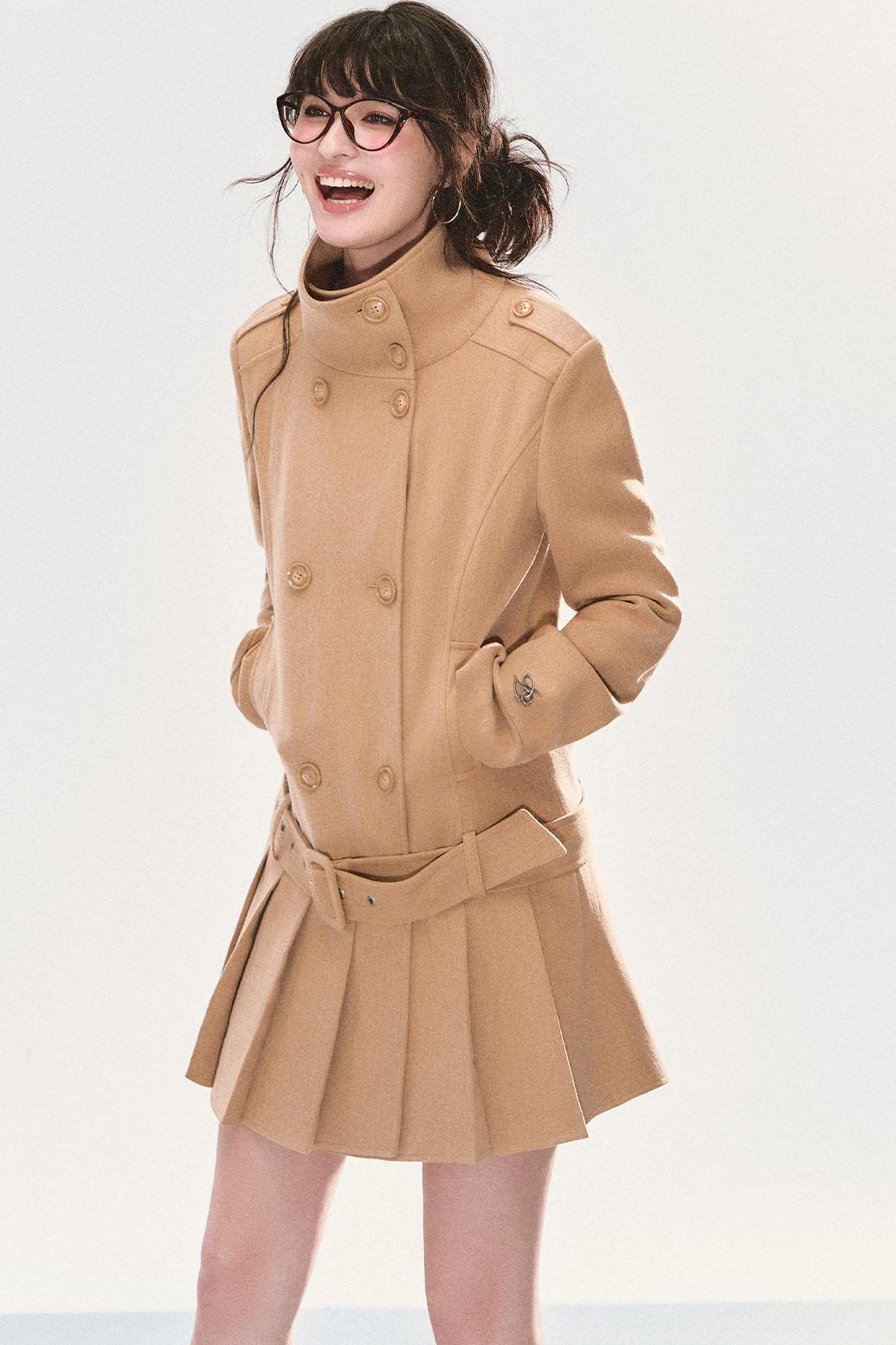 Stand Collar Pleated Coat Dress