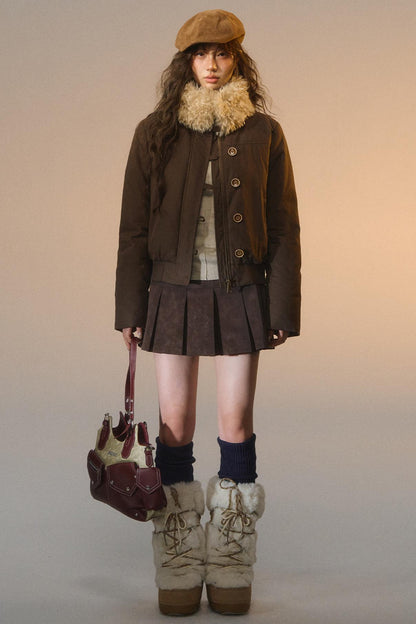 Somesowe Lace Spliced Velvet Pleated Leather Skirt