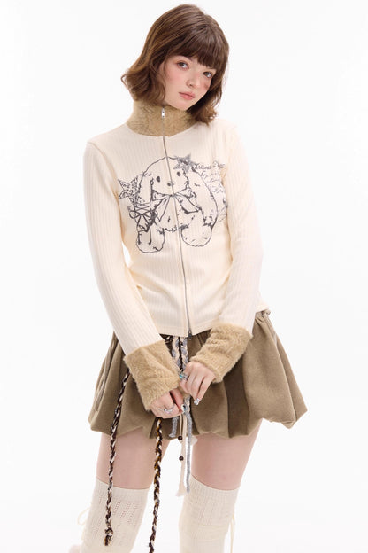Fur Collar Zipper Rabbit Print Turtleneck Knitted Top