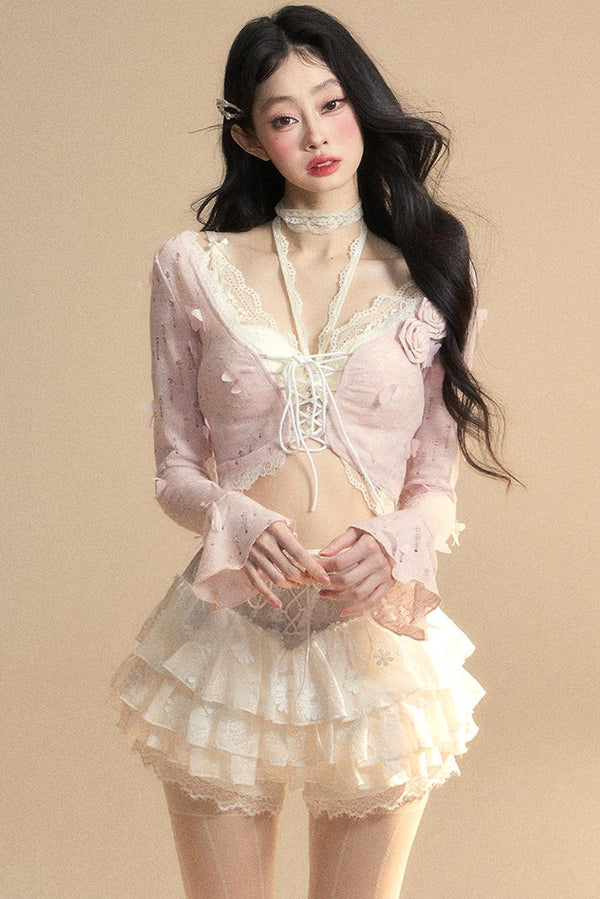 Lace Hollow Neck Long Sleeve Tee Set