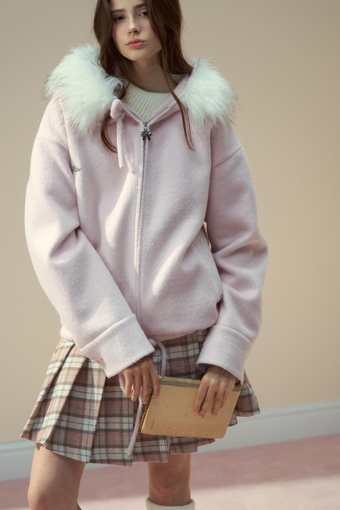 Gray Pink Wool Fur Collar Jacket