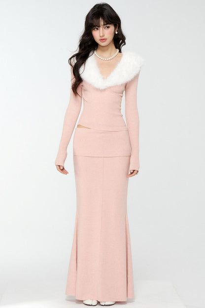 Pink Fur Collar Sweater With Fur Collar Set-Up
