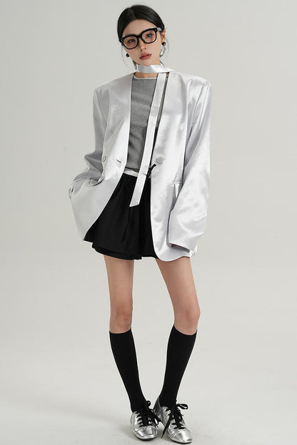 Glossy V-Neck Drape Jacket