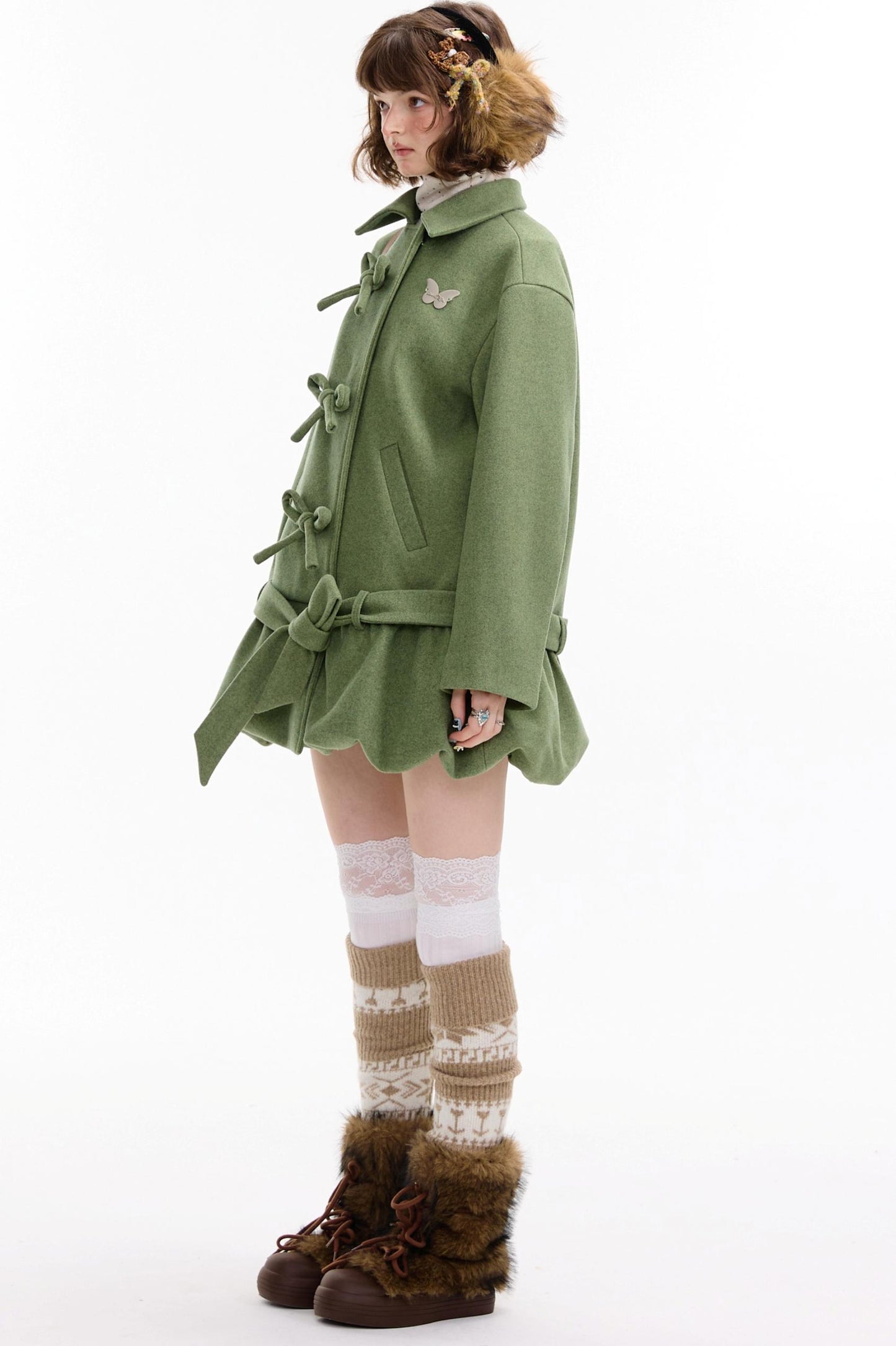American Retro Bow Pocket Woolen Coat