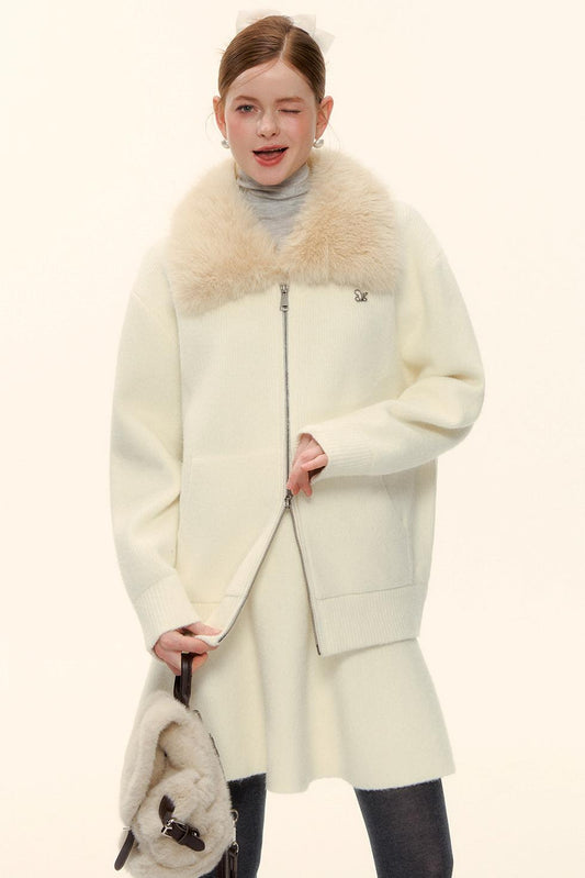 Wool Fur Collar Knit Jacket Set-Up